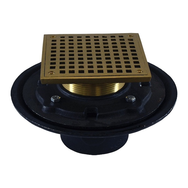 Jones Stephens 4in Heavy Duty No Hub Floor Drain/Shower Drain, 10in Pan, 6in Polished Brass Square Strainer D80221 - main